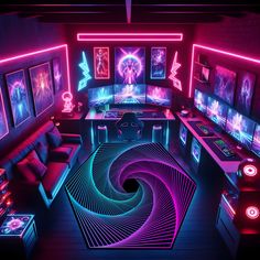 a room filled with lots of neon colored furniture and lights on the walls, along with various video game screens