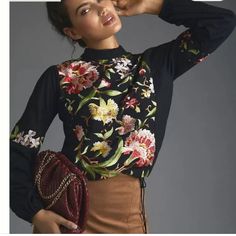 Nwot Anthropologie Tiny Embroidered Floral Knit Blouse Xs Elegant Crew Neck Top With Floral Embroidery, Elegant Floral Embroidered Crew Neck Top, Fall Embroidered Crew Neck Top, Chic Long Sleeve Embroidered Top For Fall, Chic Floral Embroidery Blouse For Fall, Fall Floral Embroidered Long Sleeve Top, Chic Fitted Tops With Floral Embroidery, Chic Floral Embroidered Blouse For Fall, Long Sleeve Embroidered Top With Floral Embroidery For Fall