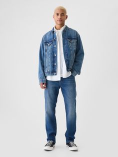 Fit: Slim through the hip & thigh with a straight leg.  Fabric: 12. 5 oz 354 g) stretch denim. ​ Stretch: GapFlex Medium Stretch.  Made for all-day flexibility & ease. ​Looks authentic.  Feels lived in.  Won't stretch out. ​ Look: A five-pocket  jean in assorted washes.  ​ Details: Zip fly & five-pocket styling. ​ Responsibly Made: This pair of jeans is part of our water-saving Washwell program.  Compared with conventional wash methods, Washwell uses at least 20% less water and has saved over a Denim And Diamonds Party Outfit Men, Men’s Denim, Slim Jeans Men Outfits, Straight Cut Jeans Outfit Men, All Denim Outfit Men, Denim Outfit Party, Straight Cut Jeans Outfit, Jeans On Jeans Outfit, Denim And Diamonds Party Outfit