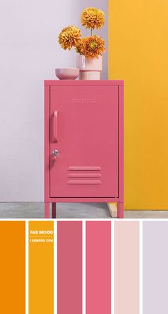 a pink cabinet with yellow flowers in it and the color scheme is orange, red, purple, green