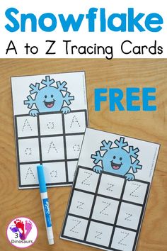 two snowflake worksheets with the text, a to z tracking cards