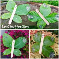 four different pictures of leaves with faces on them, one is made out of toothpicks