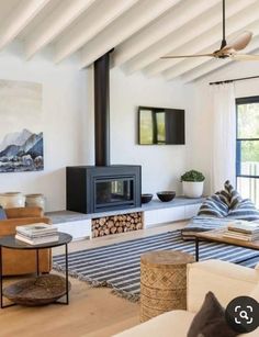 a living room filled with furniture and a fire place in the middle of it's wall