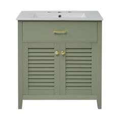 a green cabinet with two doors and a sink on the top, in front of a white background