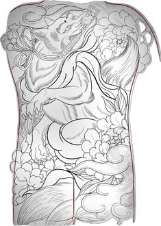 a drawing of a woman with flowers and clouds on the back of her body, in black and white