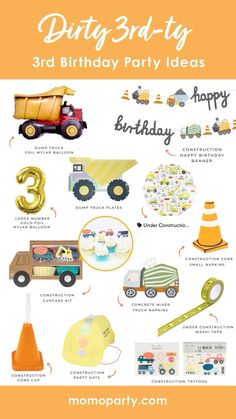 a birthday party poster with trucks and other things to do for the child's first birthday