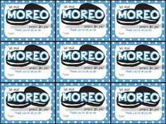 six blue and white labels with the word moreo on them in different font styles