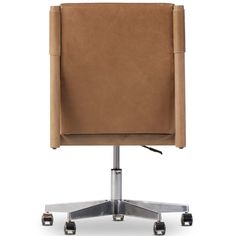 a brown office chair with wheels and casteors on an isolated white background, viewed from the front