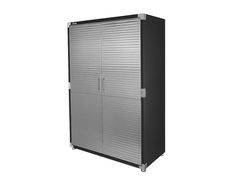 a black and silver metal cabinet on wheels