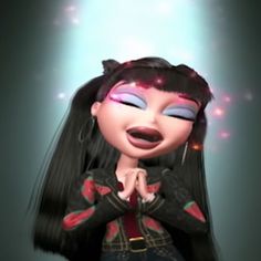 an animated girl with long black hair and blue eyes is standing in front of a spotlight