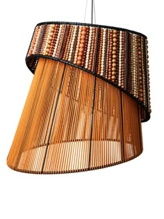 a wooden lamp hanging from the ceiling