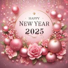 a happy new year card with pink flowers and baubles on a purple background