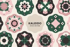 a collection of kaleido designs in pink, green and black