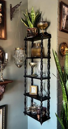 a shelf filled with lots of glass vases and potted plants next to a mirror