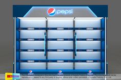 the pepsi logo is displayed on top of several shelves