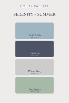 Discover the cool tranquility of our Serenity + Summer color palette, blending soothing blue-gray, deep charcoal, versatile warm gray, and refreshing eucalyptus tones. Perfect for interior design, fashion ensembles, or serene graphic projects. Pin it to inspire your next tranquil creation! #ColorPalette #DesignInspiration #SerenitySummer Cool Tone Colour Palette, Calm Color Scheme, Cool Muted Color Palette, Warm Blue Color Palette, Serenity Color Palette, Eucalyptus Color Palette, Color Palette Gray, Colour Palette Blue, Soothing Color Palette