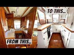 two pictures show the inside of a camper with wood floors and cabinets, including an oven