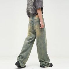 Model is 5ft 10''(178cm) tall, 145 lbs(66kg) weight and wearing a size XL 168cm 59kg wearing a size M - UNISEX- RETRO BLUE- Wide straight fit- DENIM Baggy Full-length Flare Jeans For Streetwear, Relaxed Fit Full Length Washed Jeans, Baggy Washed Flare Jeans, Baggy Full-length Flare Jeans In Medium Wash, Baggy Light Wash Distressed Bottoms, Distressed Streetwear Pants, Distressed Pants For Streetwear, Dark Wash Full-length Washed Pants, Urban Full-length Denim Blue Bottoms