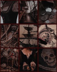 a collage of photos with various items on them including necklaces, skull and pirate ship