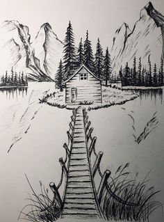 a drawing of a house on a dock with mountains in the background and trees around it