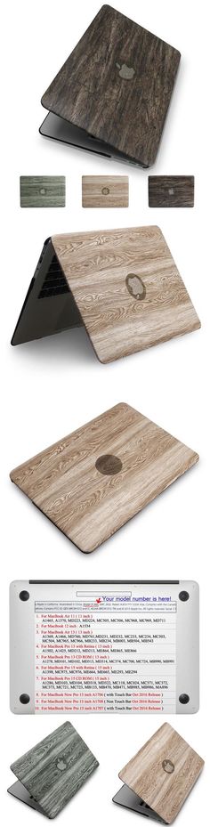 several different types of laptops with wooden designs on them, including one that is open and the other closed