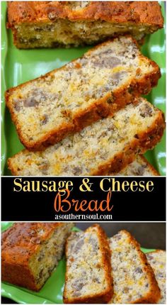 sausage and cheese bread is cut into slices on a green plate with the words sausage and cheese bread