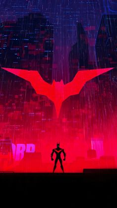 the animated batman movie poster is shown in red and purple colors, with an overcast city background