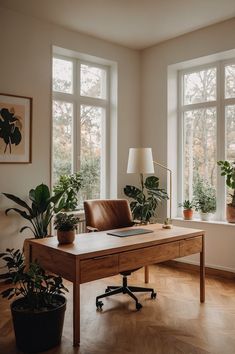 an office with two large windows, a desk and potted plants