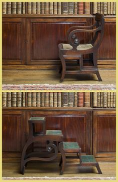 an old chair sitting in front of a bookshelf