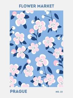 a blue and pink flower market poster