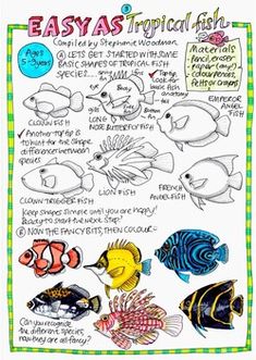 an easy as tropical fish poster is shown in this hand - drawn drawing, which shows the various types of tropical fish