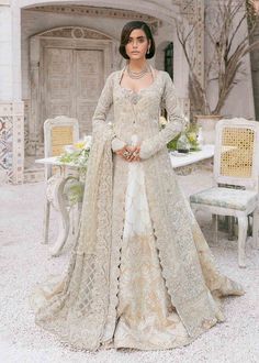 Indian Front Open Gown Sabyasachi Bridal Lehenga Farshi Lehenga, Walima Look, Ivory Pearl, Pakistani Designers