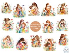 watercolor mother's day clipart set with mom and baby in florals