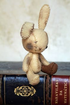 a small stuffed animal sitting on top of an old book