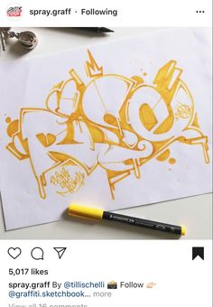 an image of graffiti drawn on paper with yellow marker and pen next to the drawing