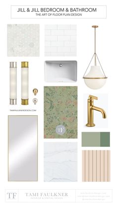 a bathroom design board with gold fixtures and white tiles