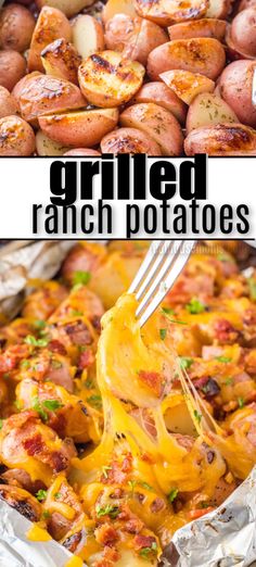 grilled ranch potatoes with melted cheese and bacon on top in a foil pan, being lifted from the casserole dish