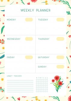 a weekly planner with flowers and leaves on the side, in front of a yellow background