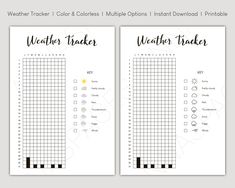 two weather trackers with the words weather tracker and multiple options to print on them