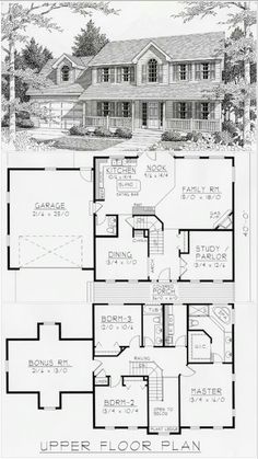 two story house plans with an open floor plan for the first and second floors,