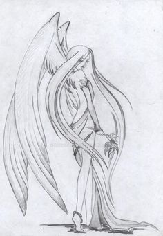 a pencil drawing of a girl with long hair and an angel wings on her head