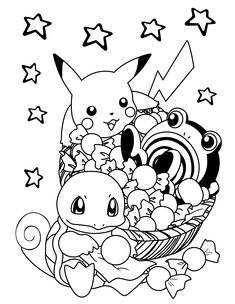 pokemon coloring pages with various characters in the background and stars on the wall behind them