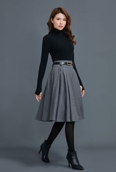 "FEATURES 25% wool, other fiber,nylon Polyester lining Right side zipper closure Two side pockets Circle skirt, skater skirt Knee length skirt, midi skirt Model belts sold separately Perfect for winter, autumn Dry clean ★★ The model's height approx 170 cm (5′ 7″) with the 84 cm (33\") bust, 66 cm (26\") waist. She is wearing a grey skirt in size XS. The designer match a belt and the scarf when take photo with the dress, the belt need 30USD, the scarf need 20USD. ★★Please select custom order acco Classic Stretch Skirt For Fall, Winter Long Stretch Skirt, Winter Stretch Long Skirt, Winter Stretch Skirt, Fitted Winter Pleated Lined Skirt, Fitted Lined Pleated Winter Skirt, Fitted Long Pleated Skirt For Fall, Fitted Classic Pleated Skirt For Winter, Classic Fitted Pleated Skirt For Winter