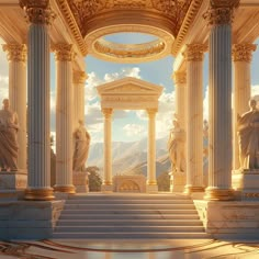 an artistic scene with columns and statues