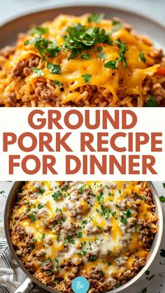 ground pork recipe for dinner in a skillet with cheese and parsley on top