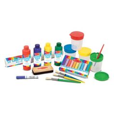 children's art supplies including paint, markers and pencils