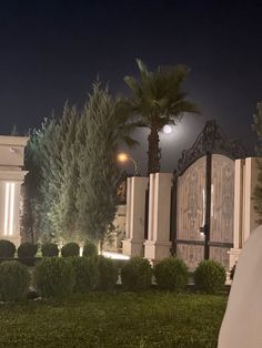 a bride and groom are standing in front of a building at night with palm trees