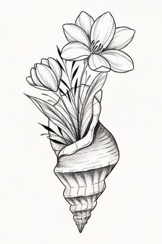 a pencil drawing of flowers in a vase with leaves on the top and bottom side