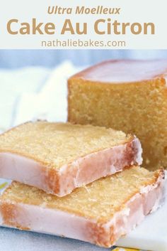 two slices of cake sitting on top of a plate next to each other with the words, ultra molleux cake au citron