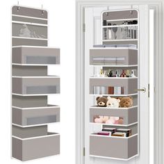 an open closet door with shelves and stuffed animals on the bottom shelf next to it